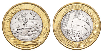 Бразилия 1 реал 2015 XV летние Паралимпийские игры, Рио-де-Жанейро 2016 - Параканоэ KM 706 биметалл UNC 4646-152