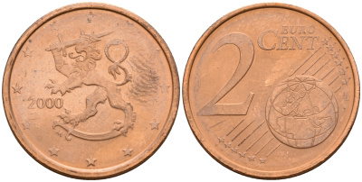Финляндия 2 евроцента 2000  KM 99 сталь плакированная медью  UNC  4564-366