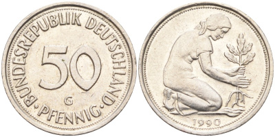 ФРГ 50 пфеннигов 1990 G KM 109, J. 384 медно-никель 4132-1212