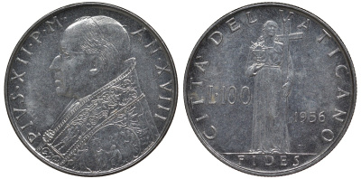 Ватикан 100 лир 1956 Пий XII KM 55 нержавеющая сталь UNC 4123-843