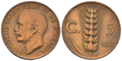 Италия 5 чентезимо 1920 R, Виктор Эммануил III (1900-1946) KM 59 медь 4164-1242