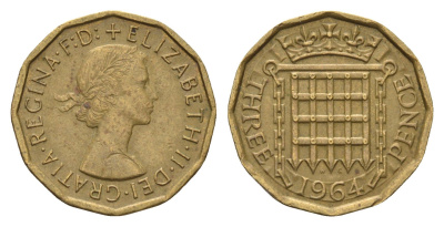 Великобритания 3 пенса 1964 Елизавета II (1952-2022) KM 900, Spink 4153 никель латунь 4671-1153