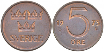 Швеция 5 эре 1973 U, Густав VI Адольф (1950-1973) KM 845 бронза 3996-1023