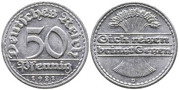 ГЕРМАНИЯ 50 ПФЕННИГОВ 1921 D KM 27, J. 301 алюминий 24-1015