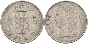 БЕЛЬГИЯ 1 ФРАНК 1955 BELGIE KM 143.1 медно-никель 68-341