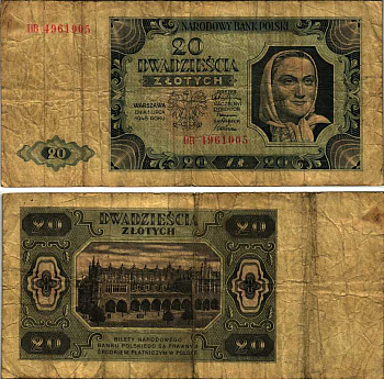 Польша 20 злотых 1948 женщина, торговые ряды в Кракове, 2 буквы в серии Pick 137 (2) бумага 7487-40-3