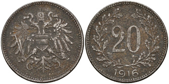 Австрия 20 геллеров 1916 Франц Иосиф (1848-1916) KM 2803 никель 4152-129