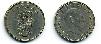 ДАНИЯ 1 КРОНА 1963 C; S, ФРЕДЕРИК IX (1947-1972) KM 851.1 медно-никель 56-412
