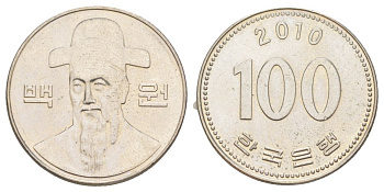 Южная Корея 100 вон 2010 Ли-Сунсин, корейский флотоводец KM 35 медно-никель 4629-722
