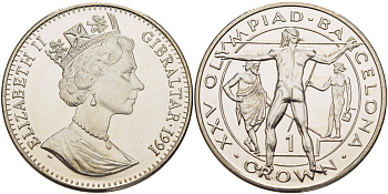 Гибралтар 1 крона 1991 XXV Олимпийские игры 1992 года в Барселоне, копьеметатель KM 69 медно-никель UNC 1084-8-33