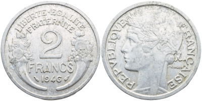 ФРАНЦИЯ 2 ФРАНКА 1946 B KM 886a.2 алюминий 4389-1046