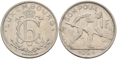 Люксембург 1 франк 1924 сталевар, Шарлотта KM 35 никель 4591-245