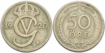 Швеция 50 эре 1920 W, Густав V (1907-1950), OVAL 0, первый год KM 796 никель бронза 4402-337