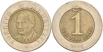Турция 1 новая лира 2006 Кемаль Ататюрк KM 1169 биметалл 4561-153