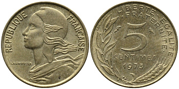 ФРАНЦИЯ 5 САНТИМОВ 1973 ТИП MARIANNE KM 933 медь алюминий никель 261-568
