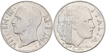 ИТАЛИЯ 20 ЧЕНТЕЗИМО 1941 R, ГОД XIX, ВИКТОР ЭММАНУИЛ III (1900-1946) KM 75b, VEM3. 1028 нержавеющая сталь 3853-811