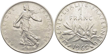 ФРАНЦИЯ 1 ФРАНК 1962 СЕЯТЕЛЬ KM 925.1, LE FRANC 226.7 никель 175-522