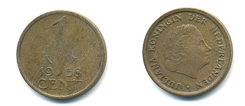НИДЕРЛАНДЫ 1 ЦЕНТ 1958 ЮЛИАНА KM 180 бронза 83-926