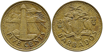 Барбадос 5 центов 1973 маяк Саут-Пойнт KM 11 латунь 4398-454