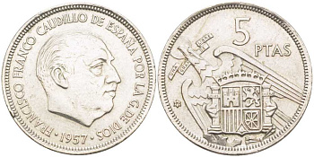 Испания 5 песет 1957 (75) Франциско Франко (1939-1975) KM 786 медно-никель 213-152