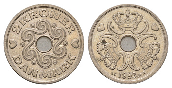 Дания 2 кроны 1993 Маргрете II (1972-2024) KM 874 медно-никель 190-752