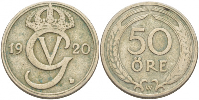 Швеция 50 эре 1920 W, Густав V (1907-1950), OVAL 0, первый год KM 796 никель бронза 4402-337