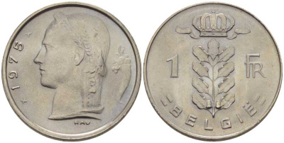 Бельгия 1 франк 1975 Belgie, Бодуэн I (1951-1993) KM 143.1 медно-никель 202-1054