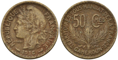 Камерун 50 сантимов 1926 (a), мондвор Париж KM 1 алюминиевая бронза 4164-1267