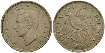 Новая Зеландия 1 пенни 1952 Птица Туи, Король Георг VI (1937-1952) KM 21 бронза 4557-344