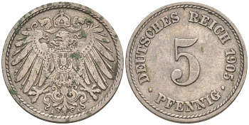 ГЕРМАНИЯ 5 ПФЕННИГОВ 1905 A, KM 11, J. 12 медно-никель 73-1762