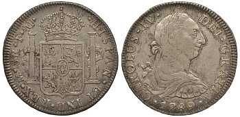 Мексика 8 реалов 1789 FM, монетный двор Mo (Мехико Сити), Карл IV Испанский (1788-1808), редкий год KM 106.2 серебро 00-00