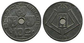 БЕЛЬГИЯ 10 САНТИМОВ 1941 BELGIQUE-BELGIE, ГЕРМАНСКАЯ ОККУПАЦИЯ, ВТОРАЯ МИРОВАЯ ВОЙНА KM 125 цинк 261-1355