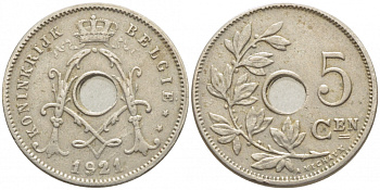 Бельгия 5 сантимов 1921 Belgie KM 67 медно-никель 112-234