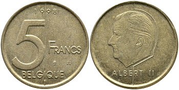 БЕЛЬГИЯ 5 ФРАНКОВ 1998 BELGIQUE, АЛЬБЕРТ II (1993-) KM 189 алюминиевая бронза 65-1152