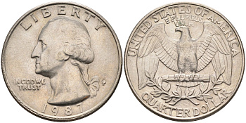 США 25 центов = квотер 1987 P, Вашингтон KM A164a медь плакированная медно-никелем 4584-1237