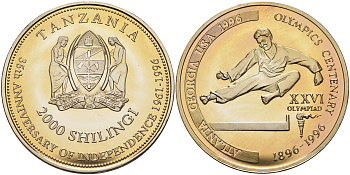 Танзания 2000 шиллингов 1996 XXVI Олимпийские игры 1996 года в Атланте, 100 лет Олимпийскому движению, карате, пробник, гладкий гурт медно-никель PROOF 06-158-22