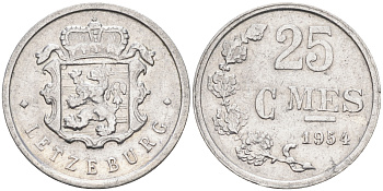 Люксембург 25 сантимов 1954 первый год KM 45а.1 алюминий    4596-126