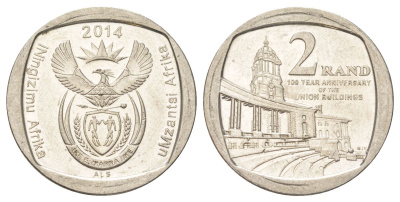 ЮАР 2 ранда 2014 100 лет Зданию Союза медь плакированная никелем UNC 4628-344