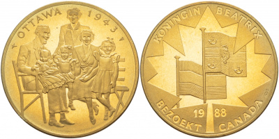 НИДЕРЛАНДЫ МЕДАЛЬ 1988 КОРОЛЕВА БЕАТРИКС, МОНДВОР УТРЕХТ, ОТТАВА 1943, КОРОЛЕВСКАЯ СЕМЬЯ В ИЗГНАНИИ, в оригинальной упаковке бронза UNC 3-4-2-18