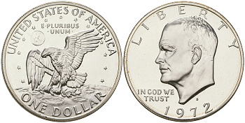 США 1 доллар 1972 S, Президент Эйзенхауэр, лунный орел KM 203a серебро  PROOF  1095-9-41