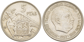 ИСПАНИЯ 5 ПЕСЕТ 1957 (64) ФРАНСИСКО ФРАНКО ДИКТАТОР ИСПАНИИ ( 1939- 1975) KM 786 медно-никель 216-635