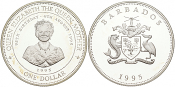 Барбадос 1 доллар 1994 94 года со дня рождения Королевы матери KM 57 серебро PROOF 1066-1-31-M11-09