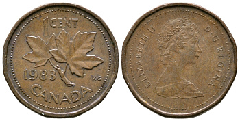 КАНАДА 1 ЦЕНТ 1983 ЕЛИЗАВЕТА II, КЛЕНОВЫЙ ЛИСТ KM 132 бронза 3999-1145