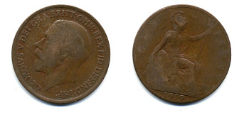 Великобритания 1 пенни 1919 Георг V (1910-1936) КМ 810, Spink 4051 бронза 47-311