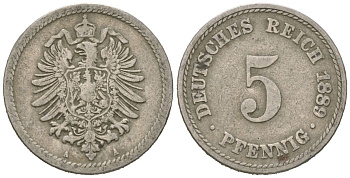 Германия 5 пфеннигов 1889 A, Вильгельм II (1888-1918) KM 3, J. 3 медно-никель 4615-726