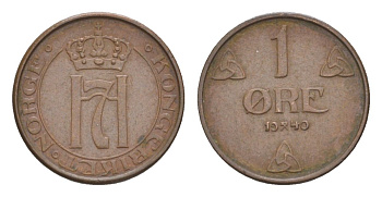 Норвегия 1 эре 1940 Хокон VII (1905-1957) KM 367 бронза 4632-1051