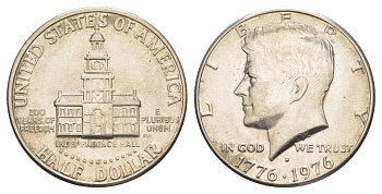 США 1/2 доллара (50 центов) 1976 D, 200 лет независимости, Джон Кеннеди KM 205 медь плакированная медно-никелем aUNC 4545-1015