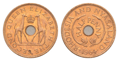 Родезия и Ньясаленд 1/2 пенса 1964 Елизавета II (1952-2022), жирафы KM  1 бронза  UNC  4640-868