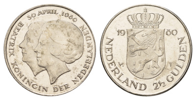 Нидерланды 2 1/2 гульдена 1980 коронация Беатрикс, 30 апреля 1980 KM 201 никель 4683-833