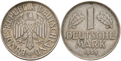 ФРГ 1 марка 1959 G KM 110, J. 385 медно-никель 4159-1042